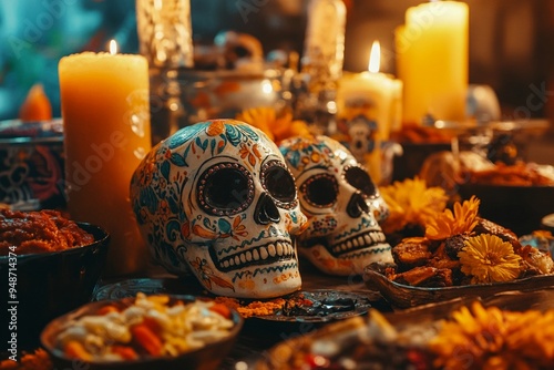 Colorful Day of the Dead Altars with Sugar Skulls and Candles