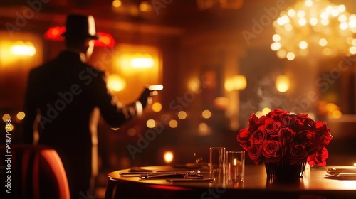 A mysterious figure in a restaurant, holding a gun, with elegant decor and a bouquet of roses, creating a suspenseful atmosphere.