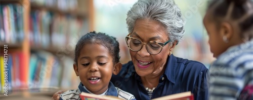 Senior volunteers teaching children to read in a community library, showcasing intergenerational learning and literacy projects