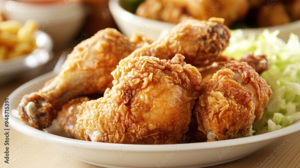 Crispy Fried Chicken Drumsticks on a White Plate Crispy Fried Chicken Drumsticks on a White Plate