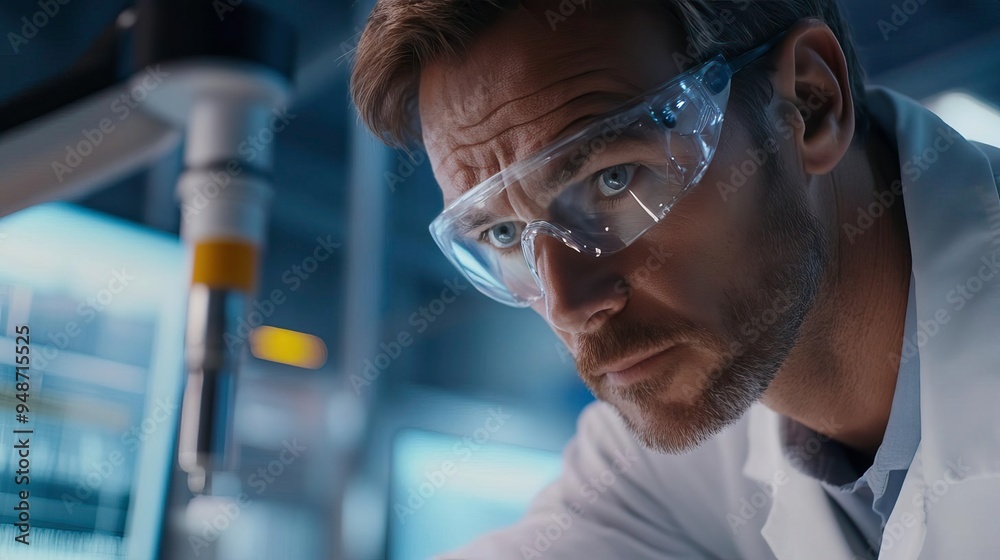 Focused scientist wearing safety glasses in a laboratory, examining data with precision tools. Innovation and research at work. Focused scientist wearing safety glasses in a laboratory, examining data with precision tools. Innovation and research at work.