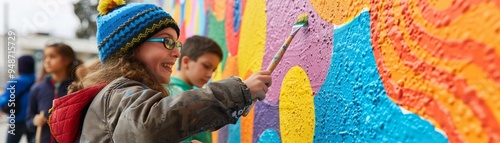 Volunteers of mixed ages painting a community center mural, symbolizing unity and creativity in urban renewal projects