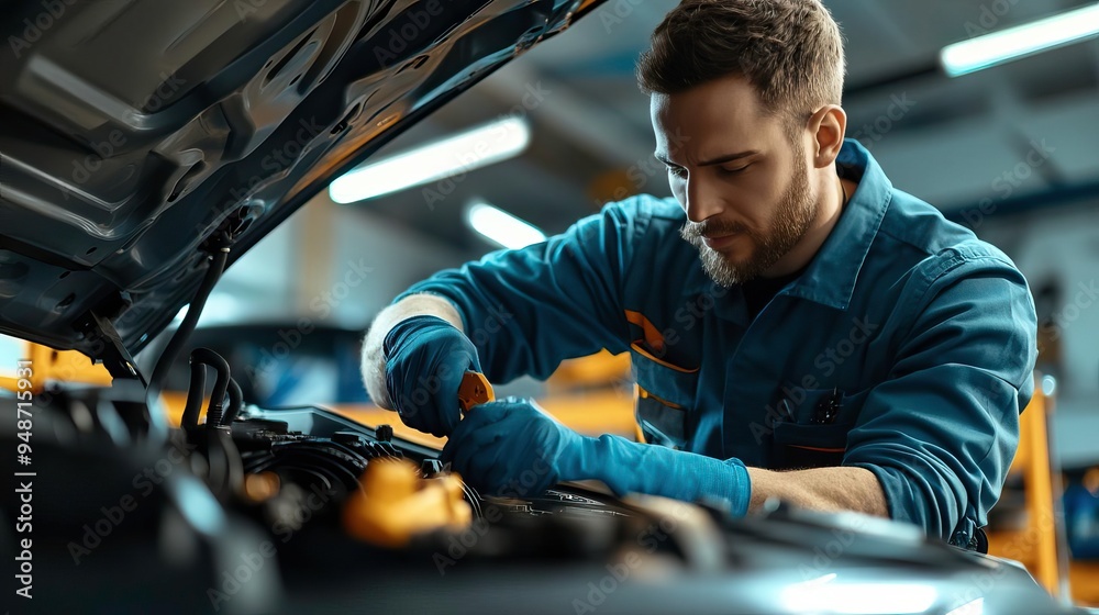 Mechanic working focused on car engine repair in garage, demonstrating skill and precision in automotive maintenance. Mechanic working focused on car engine repair in garage, demonstrating skill and precision in automotive maintenance.
