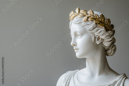 Antique statue of an attractive woman is wearing golden laurel wreath crown