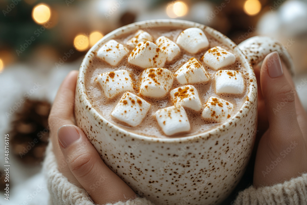 Hands holding a warm cup of hot chocolate topped with marshmallows Hands holding a warm cup of hot chocolate topped with marshmallows
