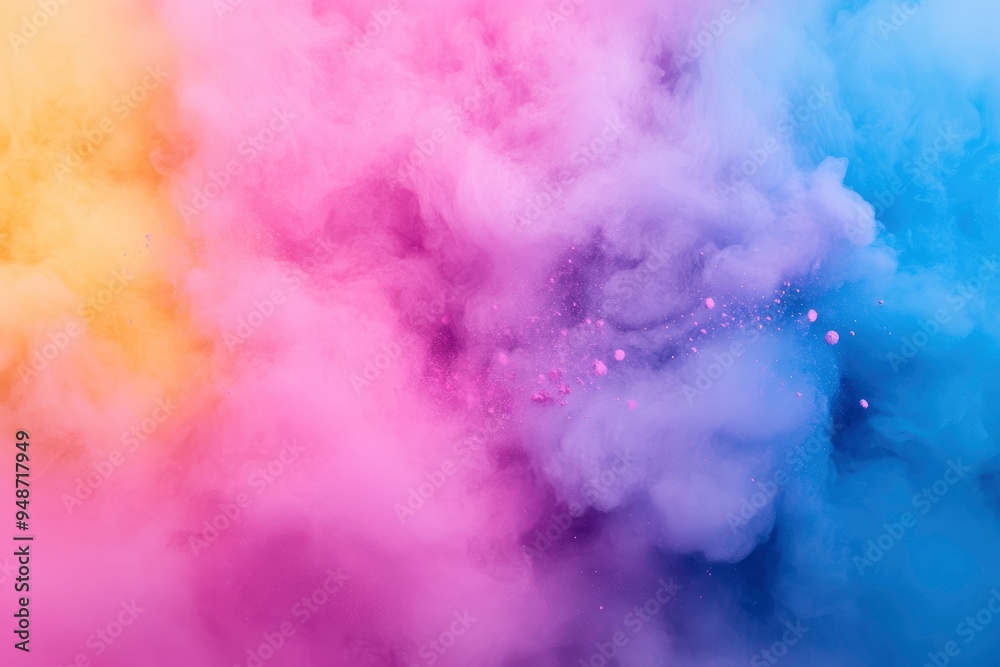 Fototapeta premium Color powder splash rainbow background paint holi smoke colour . Powder color splash explosion dust ink burst splatter white texture isolated black spray party blue wallpaper with generative ai