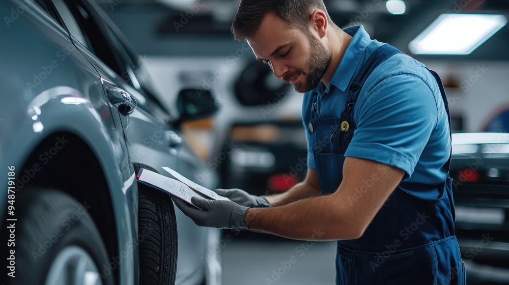 Mechanic Examining Car Tire in Garage Mechanic Examining Car Tire in Garage