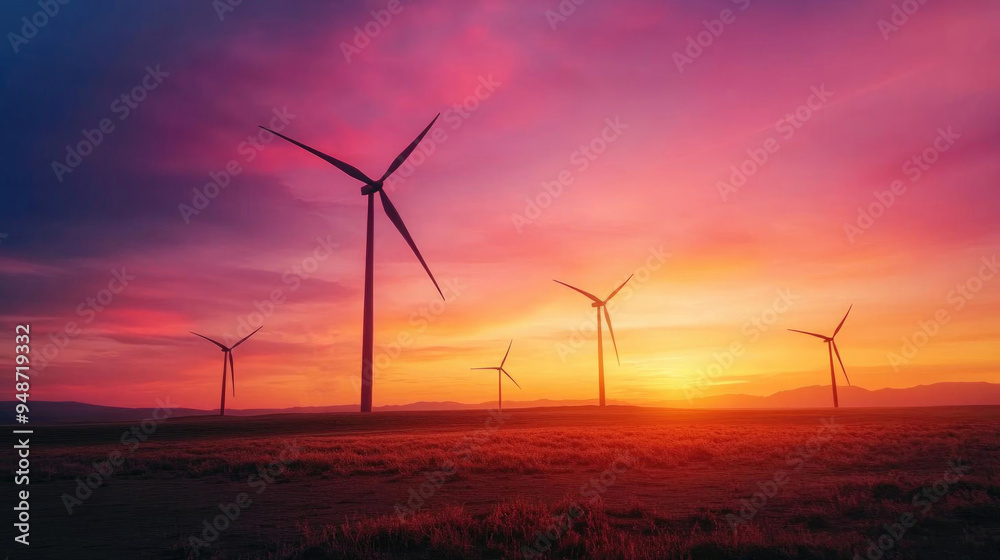 A vibrant sunset over a wind farm, showcasing renewable energy with colorful skies and rotating turbines in the distance. A vibrant sunset over a wind farm, showcasing renewable energy with colorful skies and rotating turbines in the distance.