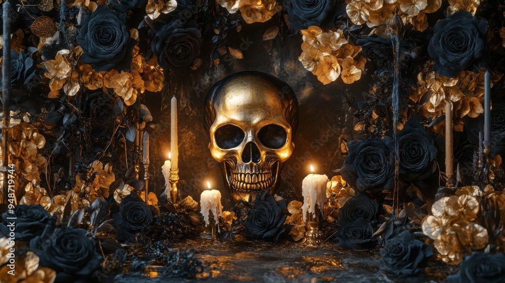 sophisticated halloween banner featuring a luxurious masquerade ballroom embellished with black roses, golden skulls, and flickering candlelight sophisticated halloween banner featuring a luxurious masquerade ballroom embellished with black roses, golden skulls, and flickering candlelight
