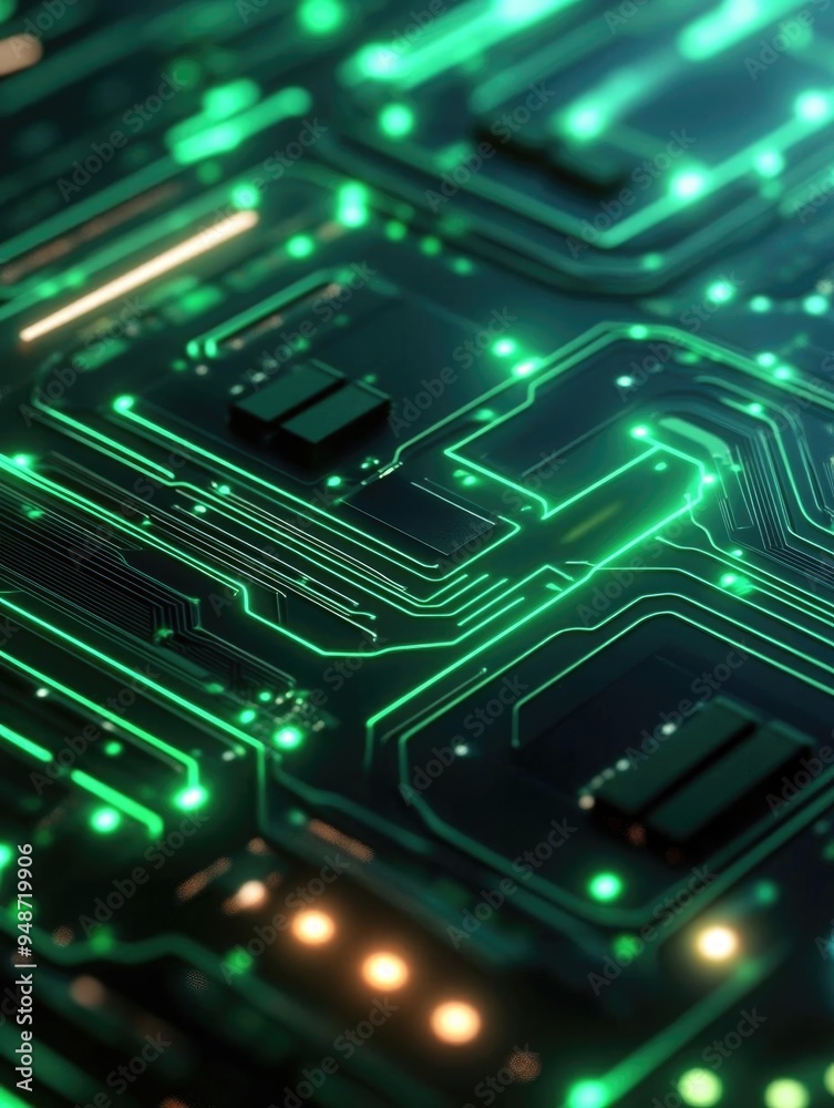 Close-up of a futuristic circuit board with glowing green elements, showcasing intricate designs and advanced technology. Close-up of a futuristic circuit board with glowing green elements, showcasing intricate designs and advanced technology.