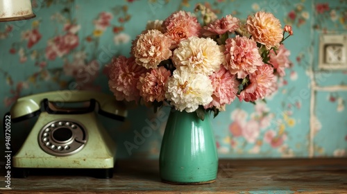 In a vintage setting, a teal vase filled with pink flowers stands next to an old-fashioned rotary phone on a wooden table against a floral patterned background. photo