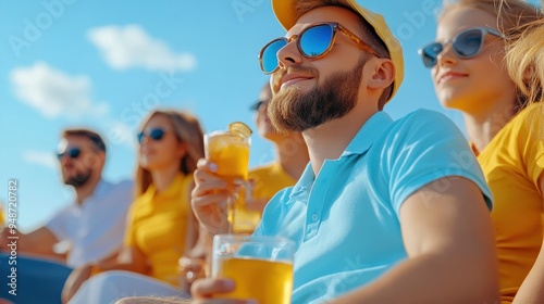 Group of friends enjoying drinks outdoors on a sunny day, capturing moments of joy and relaxation under a clear blue sky.