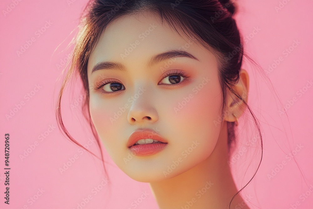 Light beauty portrait of a young Asian woman shot against a pink background generative ai Light beauty portrait of a young Asian woman shot against a pink background generative ai