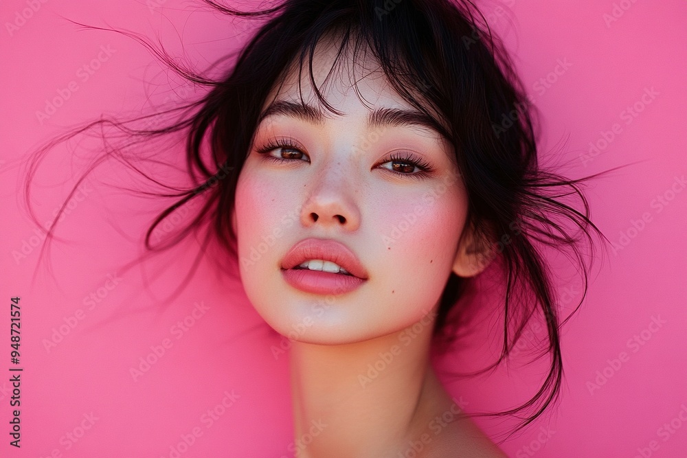 Light beauty portrait of a young Asian woman shot against a pink background generative ai Light beauty portrait of a young Asian woman shot against a pink background generative ai