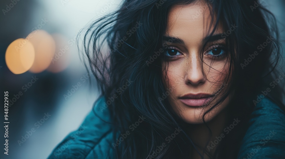 A close-up of a woman with tousled dark hair and an intense gaze, set against the blurry lights of an urban street at dusk, capturing her raw emotion and thoughtfulness. A close-up of a woman with tousled dark hair and an intense gaze, set against the blurry lights of an urban street at dusk, capturing her raw emotion and thoughtfulness.