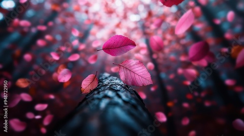 A beautiful scene showcasing pink autumn leaves gently falling in a serene forest, capturing the delicate and captivating essence of the season as leaves float gracefully downwards.