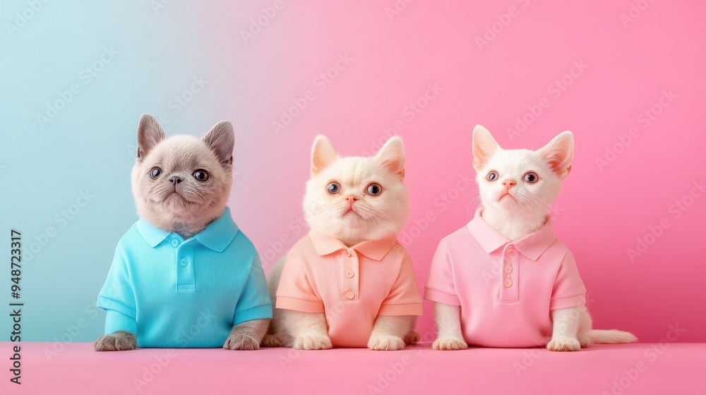 Three stylish cats dressed in colorful shirts, posing against a soft pink and blue background. Perfect for pet lovers and fashion. Three stylish cats dressed in colorful shirts, posing against a soft pink and blue background. Perfect for pet lovers and fashion.