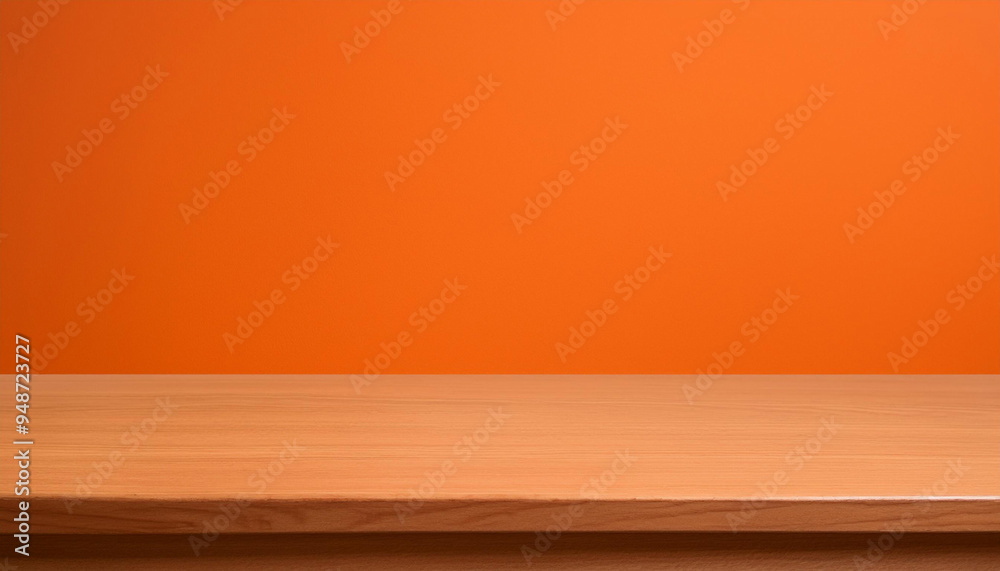 Wooden table top with an orange wall in the background. The surface is perfect for product displays or presentations. Wooden table top with an orange wall in the background. The surface is perfect for product displays or presentations.