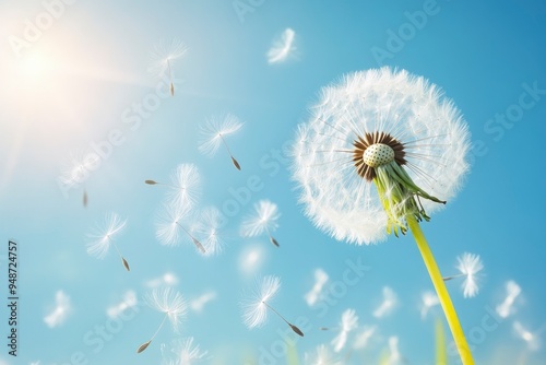 Dandelion Seeds Blowing In The Wind With Blue Sky And Sunlight - Make A Wish Concept with generative ai