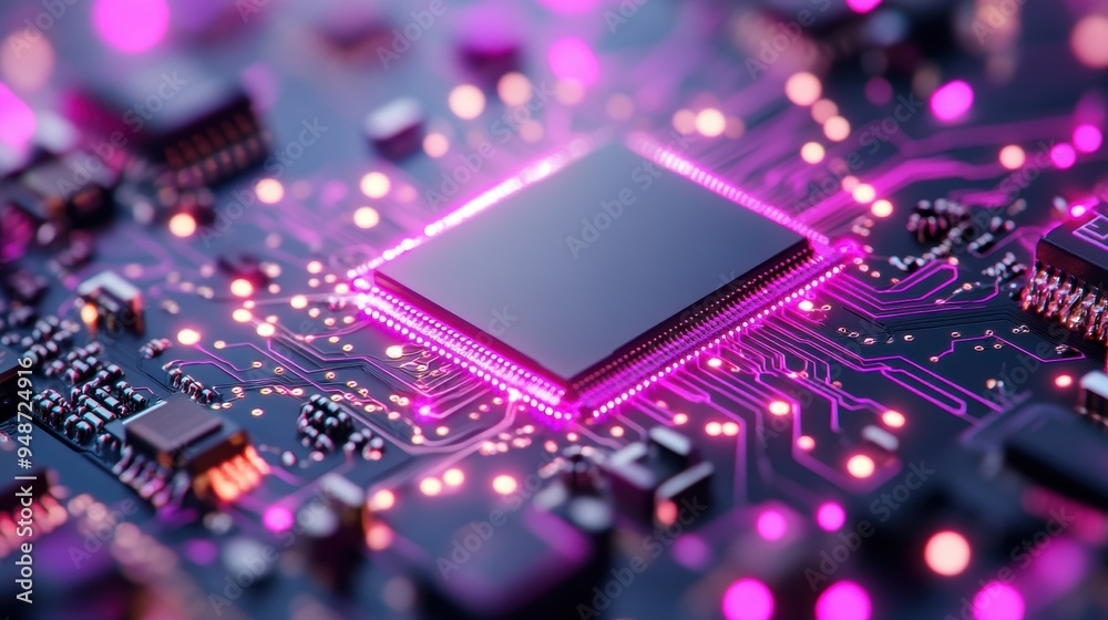 A circuit board with glowing purple lines and components, symbolizing the complexity of technology. A circuit board with glowing purple lines and components, symbolizing the complexity of technology.