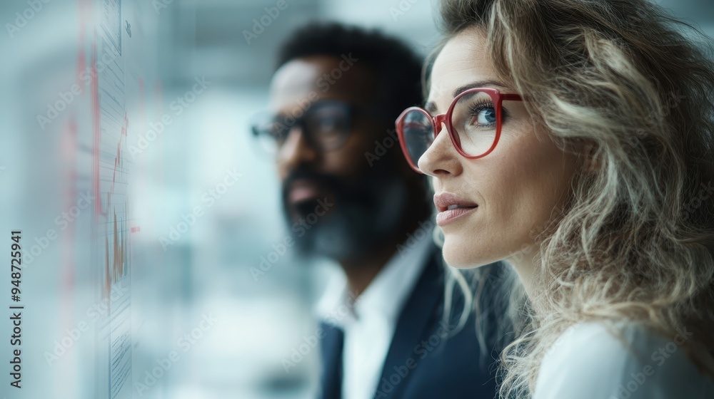 A woman and a man are focused on a presentation screen, seemingly analyzing data or concepts together in a professional and modern office environment. A woman and a man are focused on a presentation screen, seemingly analyzing data or concepts together in a professional and modern office environment.