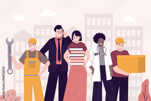 Set of smiling men and women different professions. Portrait of professionals in various specialists on city background. Gender equality. Doctor, teacher, repairman