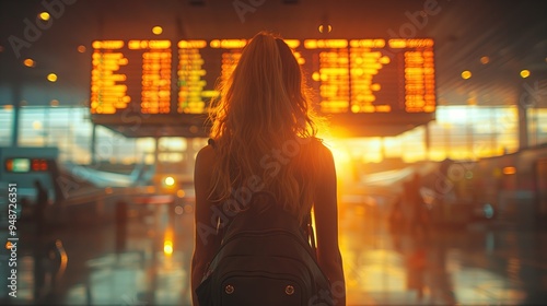 Shadow of a woman standing in front of a travel schedule board at an airport, with evening sunlight.