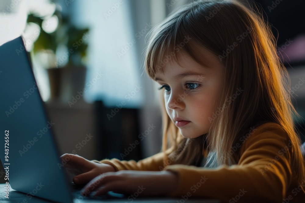 Little girl looking at laptop with concentration Little girl looking at laptop with concentration