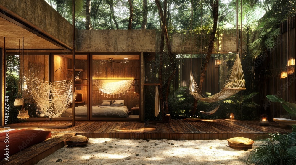 Modern tropical patio with two hammocks, a wooden deck, and a sand floor. Modern tropical patio with two hammocks, a wooden deck, and a sand floor.