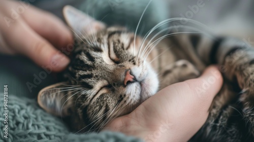 Design an image of an adorable cat nuzzling against its owner's hand, with closed eyes and a blissful expression, capturing a tender moment. 