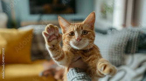 Design an image of an endearing cat stretching out its paws towards a person, ready to be picked up and cuddled, with a background of a cozy living room.