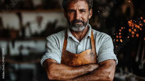 A smiling blacksmith in a workshop, wearing a leather apron and standing with arms crossed, surrounded by tools and a few sparks, showcasing pride and dedication. photo