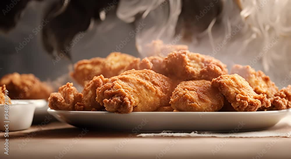 Fresh fried chicken with smoke 4k animation