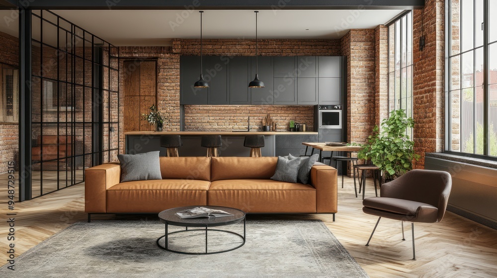 Modern living room interior with brown leather sofa, black coffee table, and gray rug, with a brick wall background and kitchen in the background. Modern living room interior with brown leather sofa, black coffee table, and gray rug, with a brick wall background and kitchen in the background.