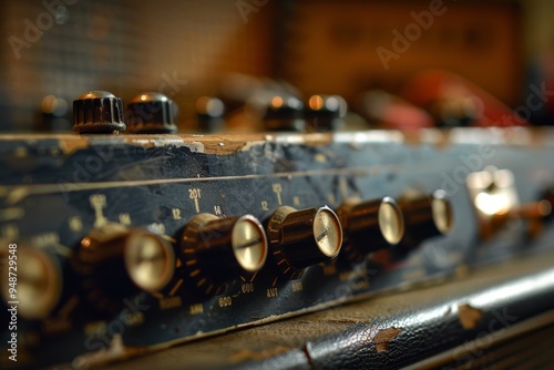 Vintage audio equipment arranged on a table, highlighting the unique aesthetics of retro sound technology, Amplifiers trembling with raw power, AI generated