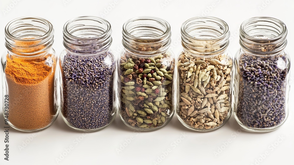 Glass jars hold an array of flavors: cardamom, flax, pepper, lavender, curry, and turmeric. Glass jars hold an array of flavors: cardamom, flax, pepper, lavender, curry, and turmeric.