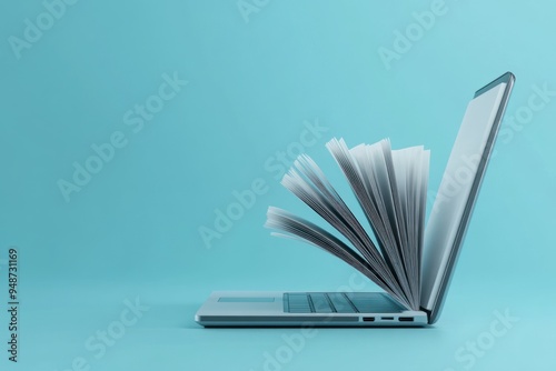 Laptop with Book Pages Flipping on a Blue Background