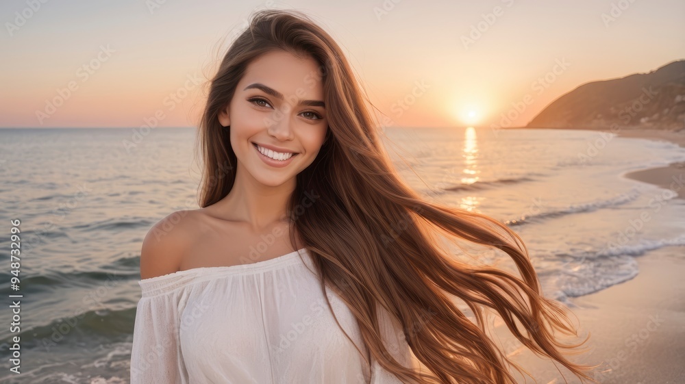 Pretty female with long hair, smiling at the camera, seaside selfie at sunset Pretty female with long hair, smiling at the camera, seaside selfie at sunset