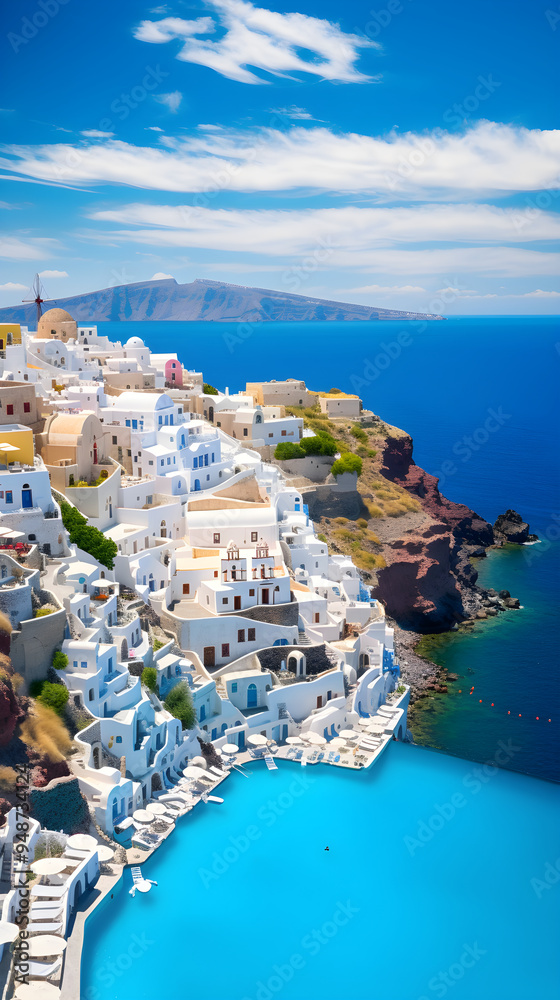 Naklejka premium Breathtaking Aerial View of Iconic Santorini, Greece: The Jewel of Aegean Sea