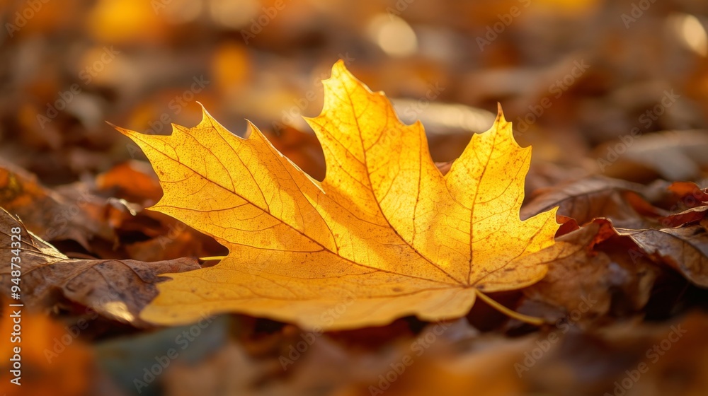 Close-up of a yellow autumn leaf with visible veins, lying on the ground amidst a bed of fallen leaves in warm, natural light Close-up of a yellow autumn leaf with visible veins, lying on the ground amidst a bed of fallen leaves in warm, natural light