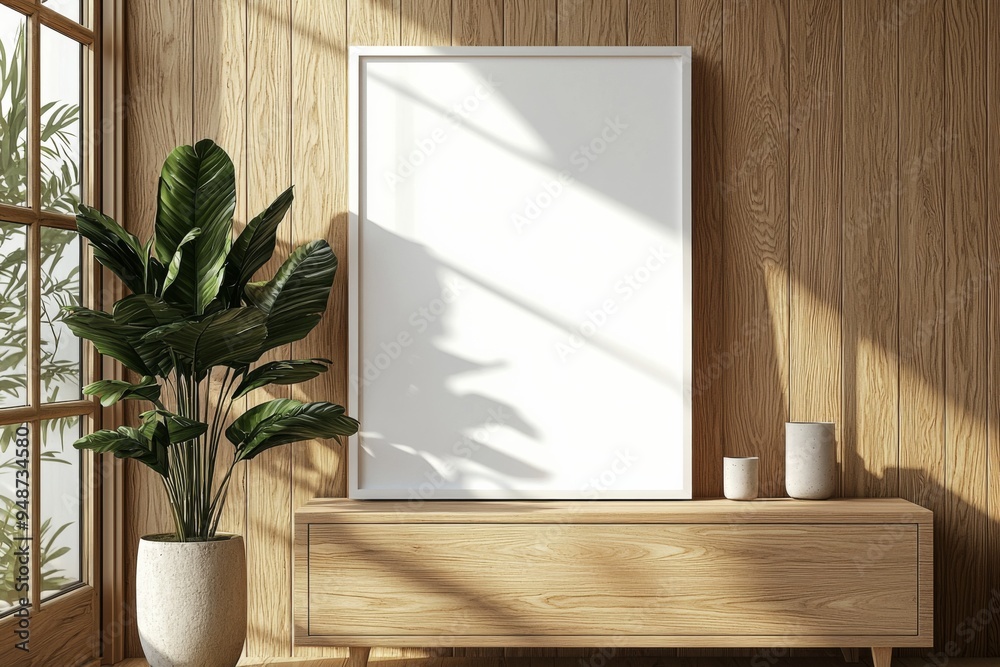Poster Frame Mockup on Wooden Interior Background created with Generative AI Poster Frame Mockup on Wooden Interior Background created with Generative AI