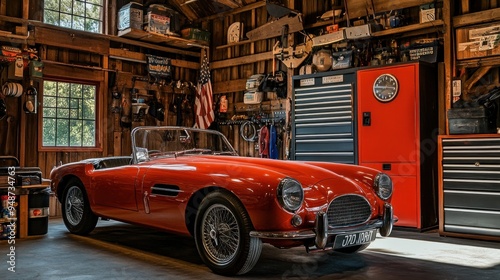 A classic red convertible car parked in a rustic garage with tools, a toolbox, and an American flag hanging on the wall.