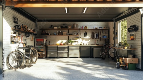 A well-organized garage with a bicycle, tools, and storage.