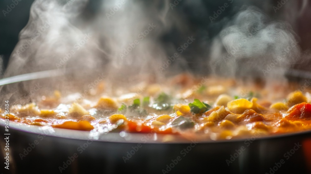 Close-up of steam emanating from a bowl of soup or stew, with a focus on the swirling mist and the rich, inviting colors of the dish. Close-up of steam emanating from a bowl of soup or stew, with a focus on the swirling mist and the rich, inviting colors of the dish.
