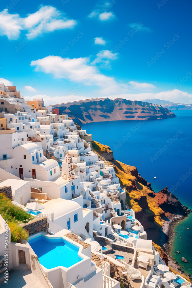 Naklejka premium Breathtaking Aerial View of Iconic Santorini, Greece: The Jewel of Aegean Sea