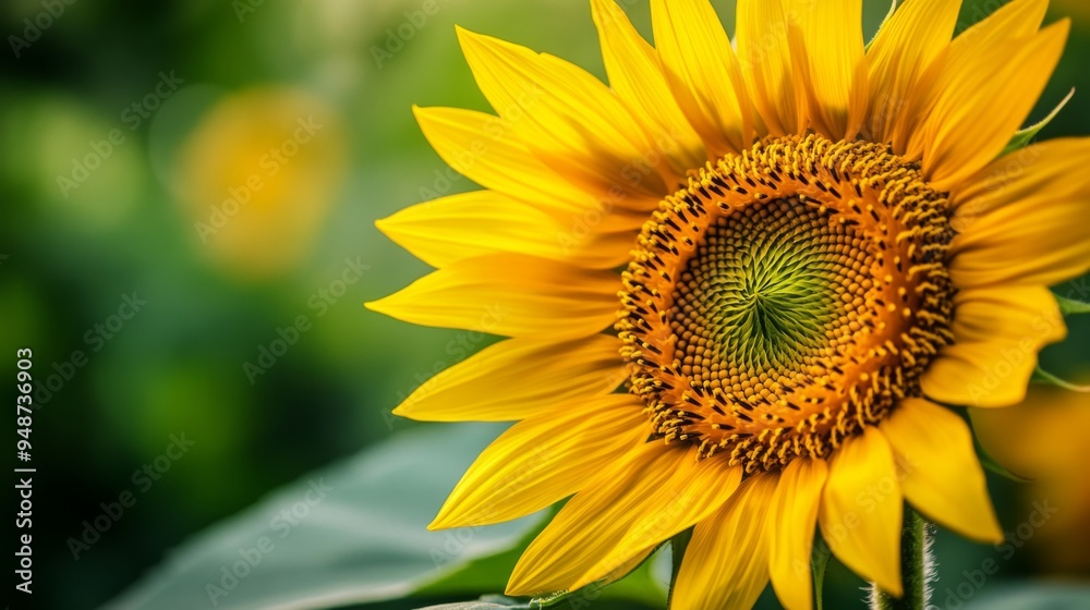 Detailed close-up of a blooming sunflower, focusing on the vivid yellow petals and the textured center against a blurred green background. Detailed close-up of a blooming sunflower, focusing on the vivid yellow petals and the textured center against a blurred green background.
