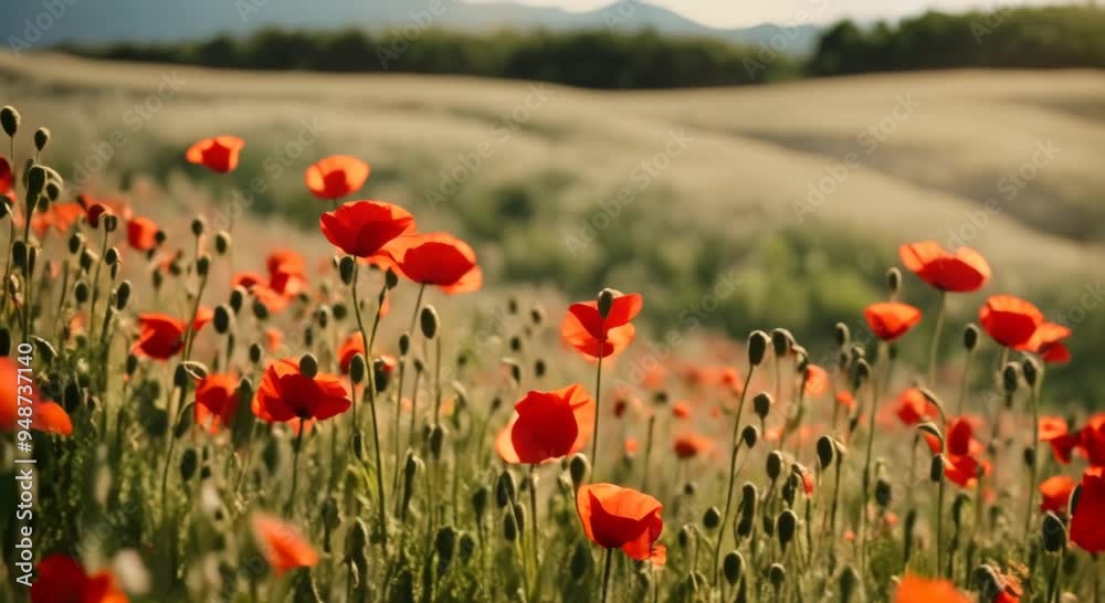 Poppy fields with beautiful landscaper behind 4k animation Poppy fields with beautiful landscaper behind 4k animation