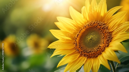 Detailed close-up of a blooming sunflower, focusing on the vivid yellow petals and the textured center against a blurred green background.