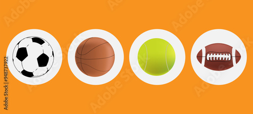 Balls for games, sports balls, for sports, bassketball, football, rugby, vector illustration, 10EPS