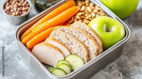 High-angle shot of a lunchbox packed with balanced options like whole-grain bread photo